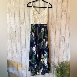 Elegant Lace and Leaf Print Maxi Dress